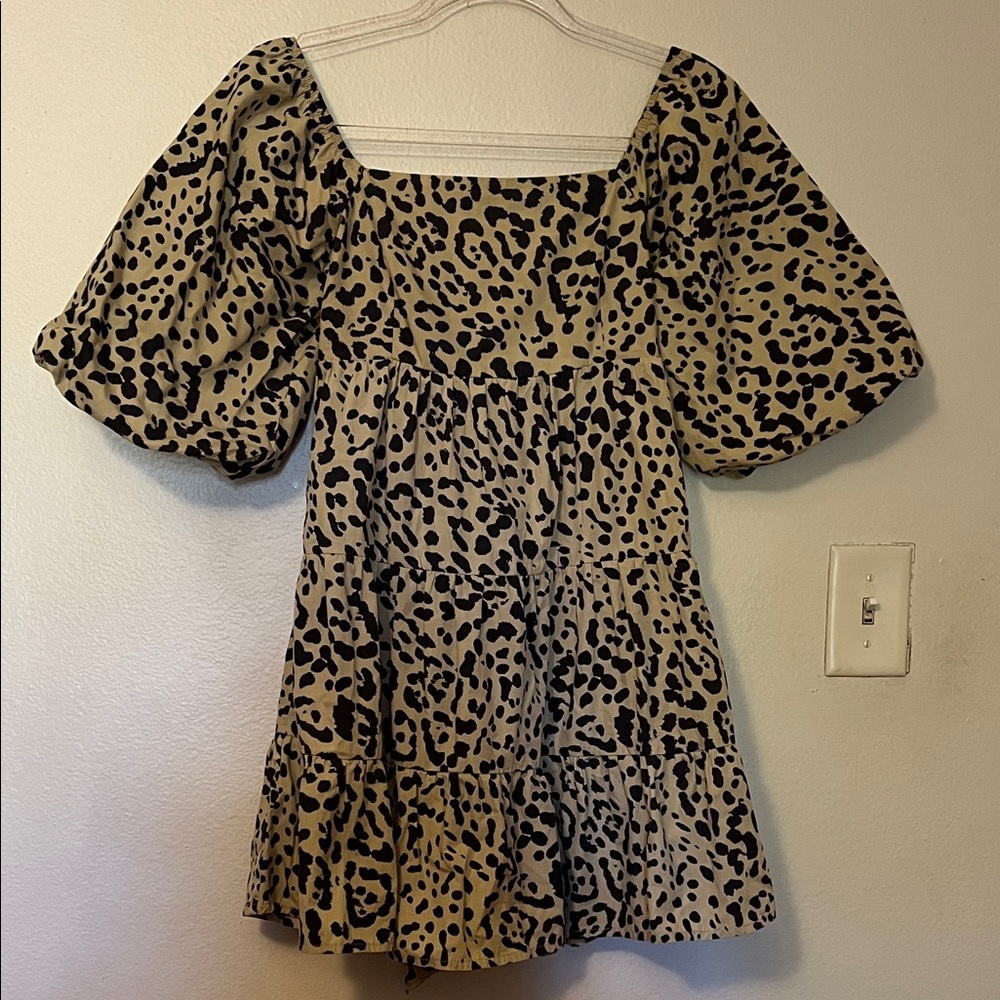 Leopard Print Puff Sleeve Dress Faithful the Brand and smocked back.